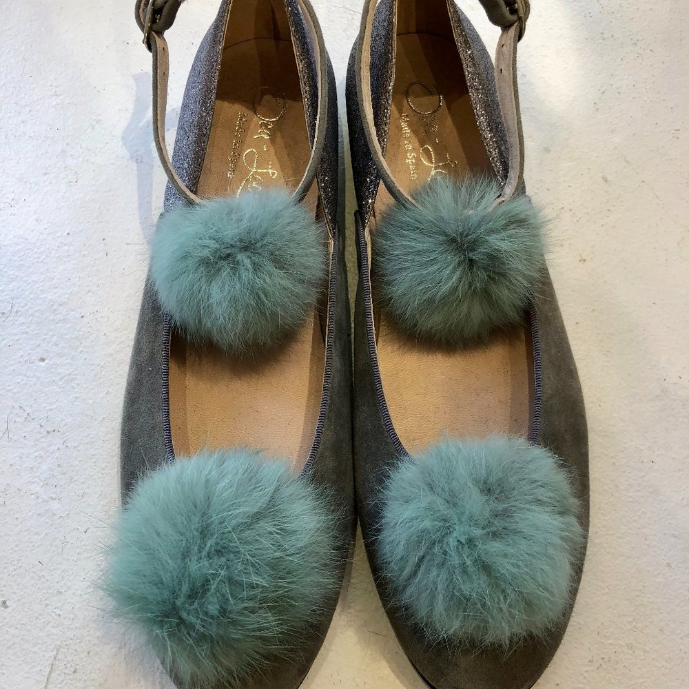 Oca-Loca Flats with Fur Balls and Ankle Strap